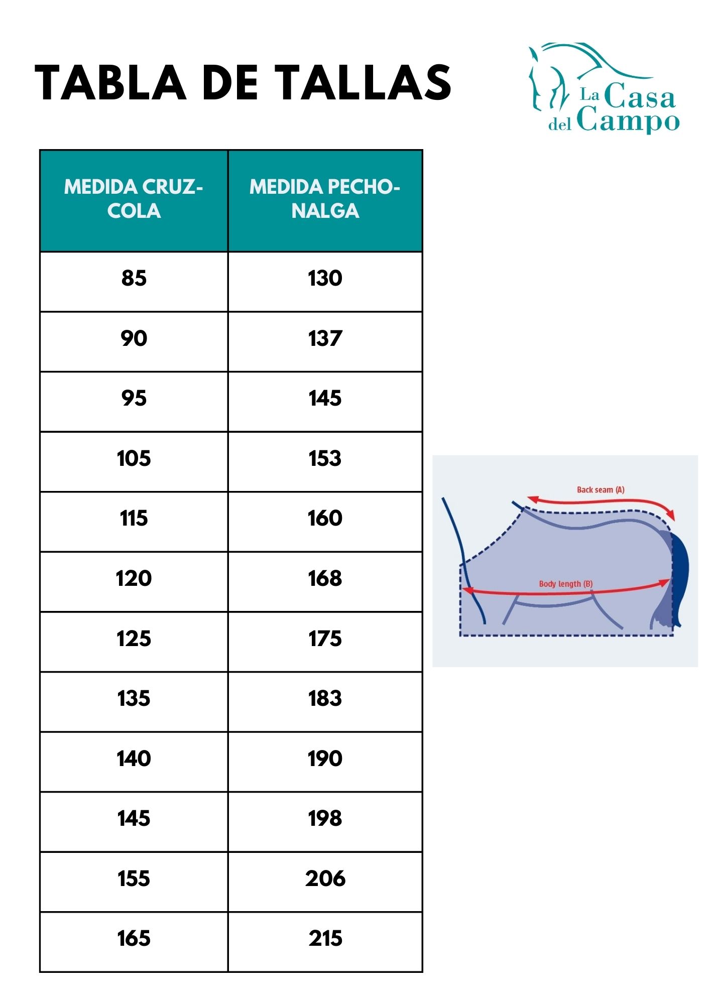 Tabla de tallas para mantas de caballo